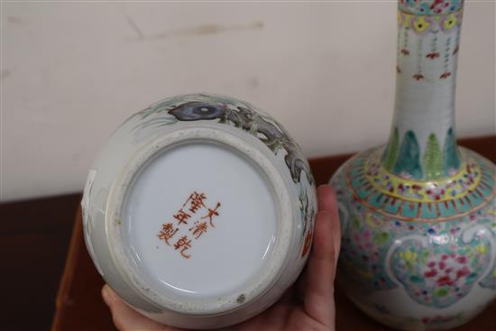 A Chinese bottle vase and another vase lacking cover tallest 22cm